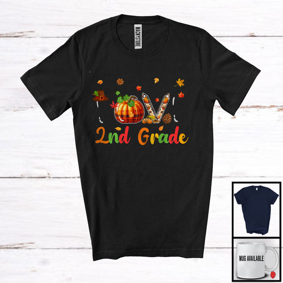 MacnyStore - LOVE 2nd Grade; Wonderful Thanksgiving Plaid Pumpkin Autumn Leaf; Students Family Group T-Shirt