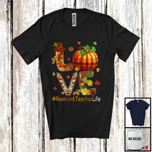 MacnyStore - LOVE Assistant Teacher; Amazing Thanksgiving Fall Leaves Plaid Pumpkin Pencil; Careers Jobs T-Shirt