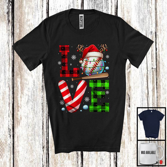 MacnyStore - LOVE Baseball; Cheerful Christmas Lights Plaid Baseball; Matching X-mas Sport Player Team T-Shirt