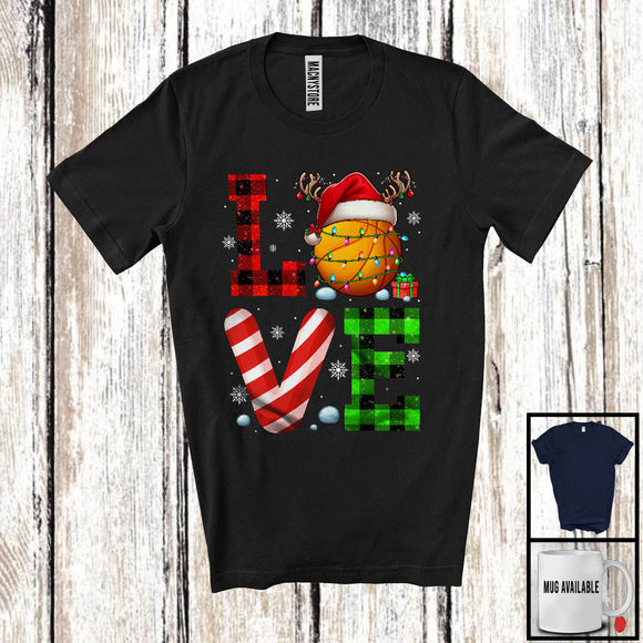 MacnyStore - LOVE Basketball; Cheerful Christmas Lights Plaid Basketball; Matching X-mas Sport Player Team T-Shirt