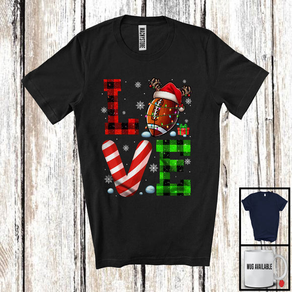 MacnyStore - LOVE Football; Cheerful Christmas Lights Plaid Football; Matching X-mas Sport Player Team T-Shirt