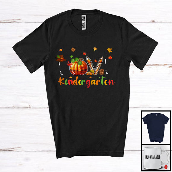 MacnyStore - LOVE Kindergarten; Wonderful Thanksgiving Plaid Pumpkin Autumn Leaf; Students Family Group T-Shirt