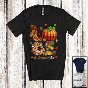 MacnyStore - LOVE Librarian; Amazing Thanksgiving Fall Leaves Plaid Pumpkin Books; Librarian Careers Jobs T-Shirt