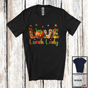 MacnyStore - LOVE Lunch Lady; Adorable Thanksgiving Plaid Pumpkin Fall; Matching Lunch Lady Group T-Shirt