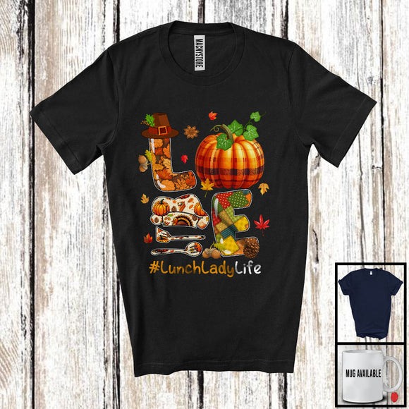 MacnyStore - LOVE Lunch Lady; Amazing Thanksgiving Fall Leaves Plaid Pumpkin Hat; Lunch Lady Careers Jobs T-Shirt