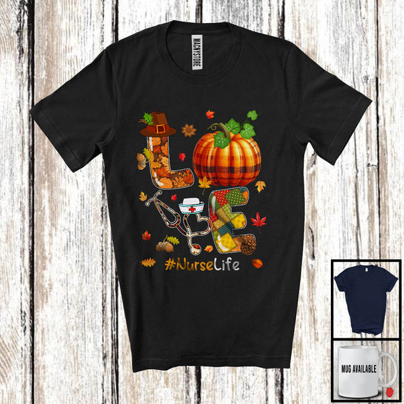 MacnyStore - LOVE Nurse; Amazing Thanksgiving Fall Leaves Plaid Pumpkin Stethoscope; Nurse Careers Jobs T-Shirt