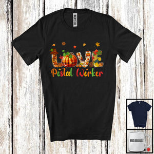 MacnyStore - LOVE Postal Worker; Adorable Thanksgiving Plaid Pumpkin Fall; Matching Postal Worker Group T-Shirt