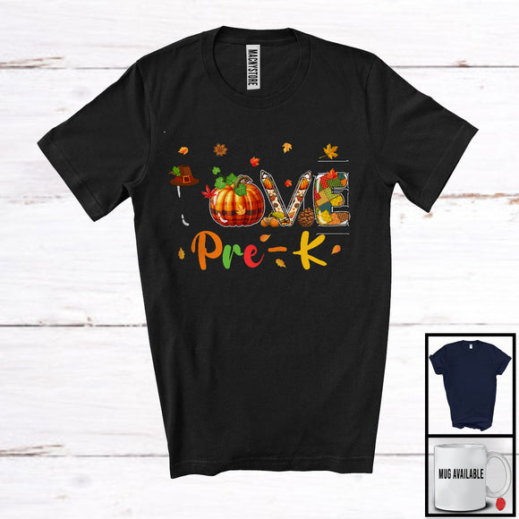 MacnyStore - LOVE Pre-K; Wonderful Thanksgiving Plaid Pumpkin Autumn Leaf; Students Family Group T-Shirt