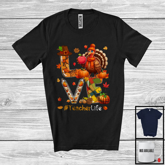 MacnyStore - LOVE Teacher Life; Happy Thanksgiving Turkey Matching Plaid Teacher; Proud Jobs Careers T-Shirt