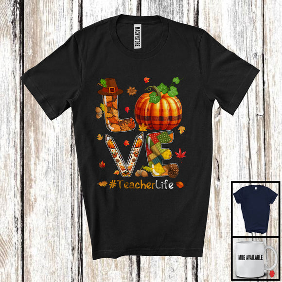 MacnyStore - LOVE Teacher; Amazing Thanksgiving Fall Leaves Plaid Pumpkin Pencil; Teacher Careers Jobs T-Shirt