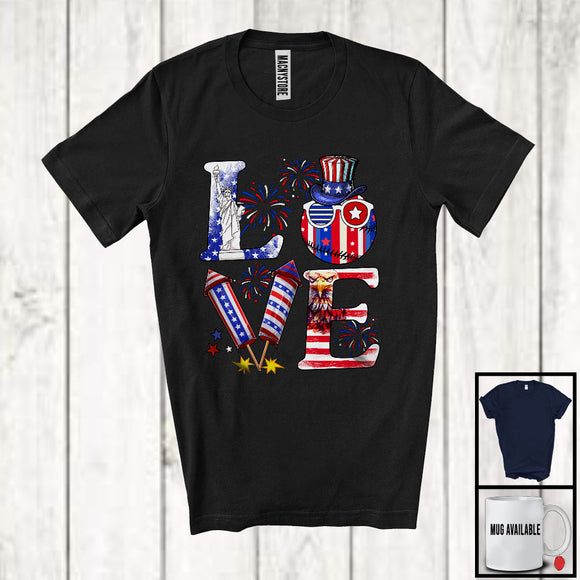 MacnyStore - LOVE, 4th Of July American Flag Baseball Firecracker, Patriotic Sport Player Playing Team T-Shirt
