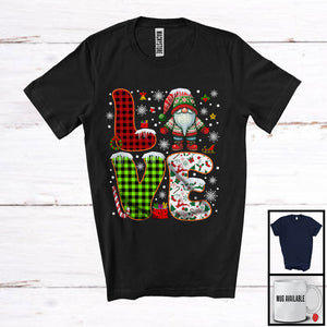 MacnyStore - LOVE, Adorable Christmas Plaid Gnome Lover, X-mas Snowing Around Matching Family Group T-Shirt