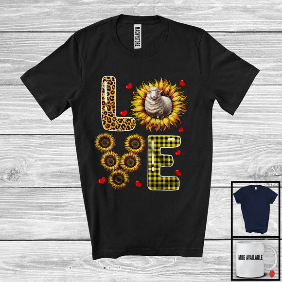 MacnyStore - LOVE, Adorable Plaid Leopard Sunflower Flowers Sheep Lover, Matching Farmer Family Group T-Shirt