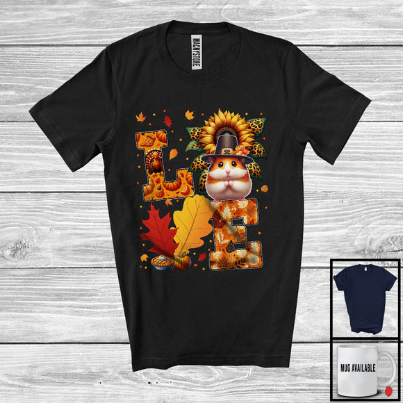 MacnyStore - LOVE; Adorable Thanksgiving Pilgrim Hamster With Leopard Sunflowers; Fall Leaf Family Group T-Shirt