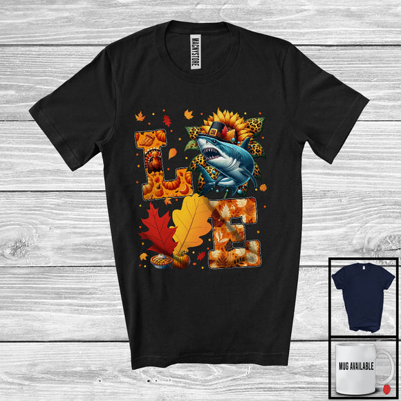 MacnyStore - LOVE; Adorable Thanksgiving Pilgrim Shark With Leopard Sunflowers; Fall Leaf Family Group T-Shirt