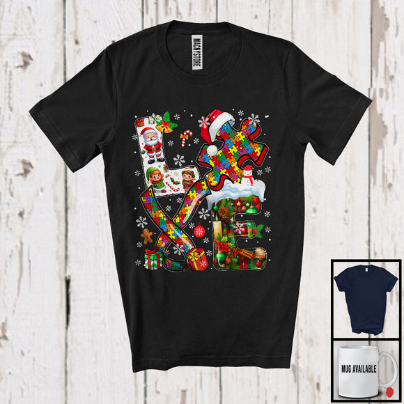 MacnyStore - LOVE; Amazing Christmas Autism Awareness Santa Puzzle Peaces Ribbon; Family Group T-Shirt