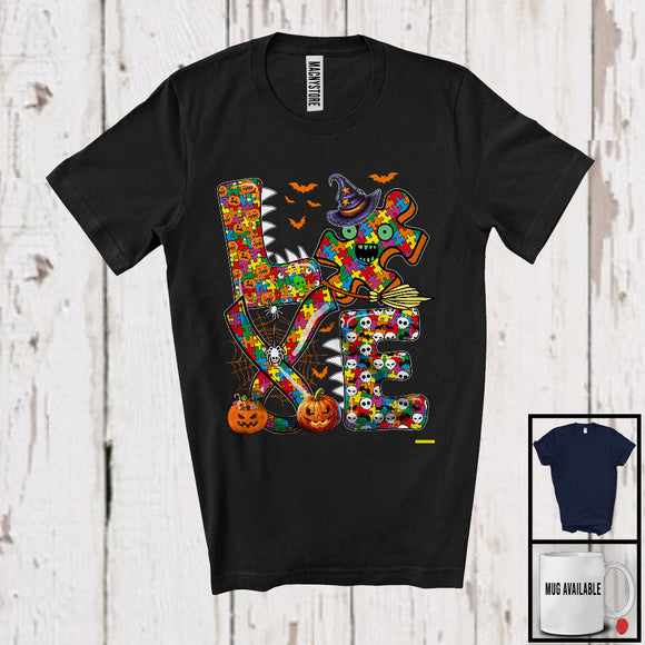 MacnyStore - LOVE; Amazing Halloween Autism Awareness Witch Puzzle Peaces Ribbon; Family Group T-Shirt