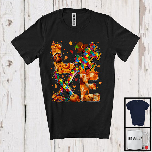 MacnyStore - LOVE; Amazing Thanksgiving Autism Awareness Fall Leaf Puzzle Peaces Ribbon; Family Group T-Shirt