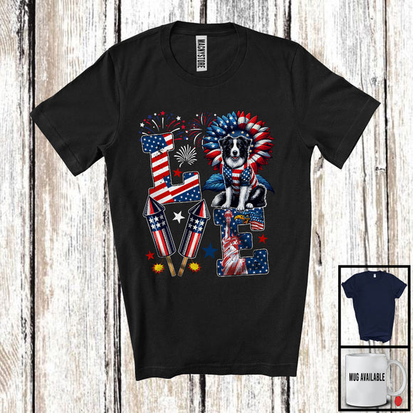 MacnyStore - LOVE, Happy 4th Of July Border Collie Owner Lover, Sunflower American Flag Patriotic Group T-Shirt