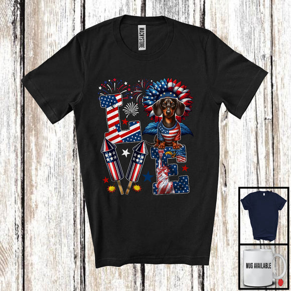 MacnyStore - LOVE, Happy 4th Of July Dachshund Owner Lover, Sunflower American Flag Patriotic Group T-Shirt