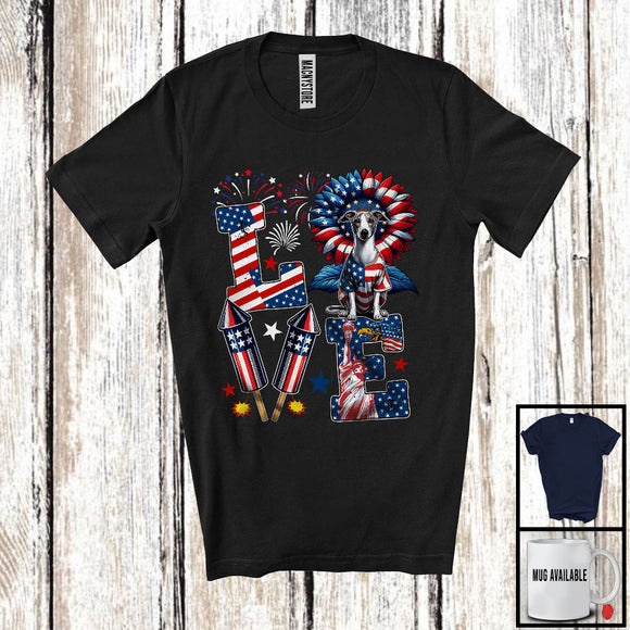 MacnyStore - LOVE, Happy 4th Of July Whippet Owner Lover, Sunflower American Flag Patriotic Group T-Shirt