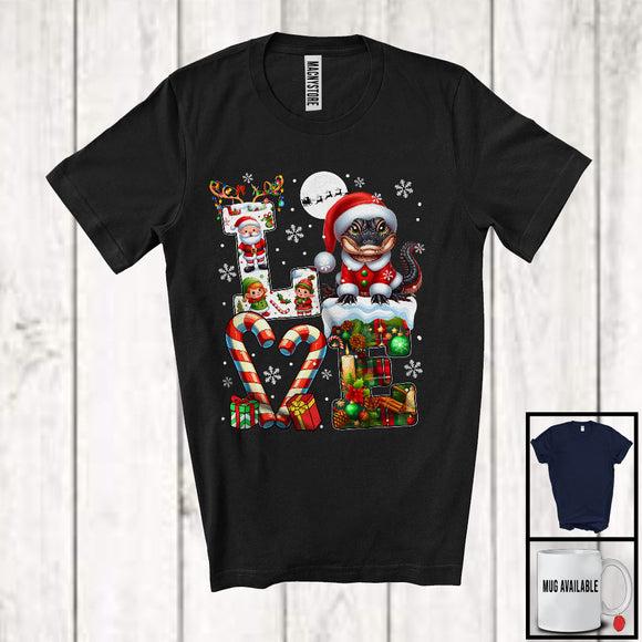 MacnyStore - LOVE, Joyful Christmas Reindeer Santa Alligator Candy Cane, Plaid Snowing Animal Lover T-Shirt