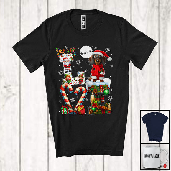 MacnyStore - LOVE, Joyful Christmas Reindeer Santa Dachshund Candy Cane, Plaid Snowing Animal Lover T-Shirt