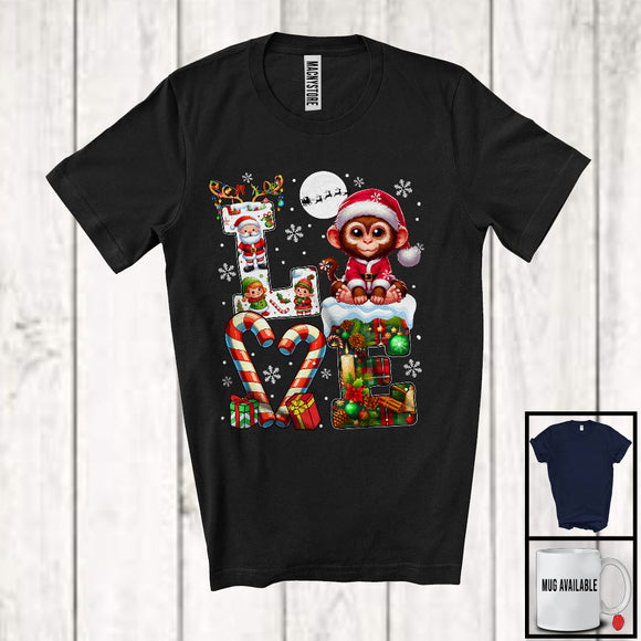 MacnyStore - LOVE, Joyful Christmas Reindeer Santa Monkey Candy Cane, Plaid Snowing Animal Lover T-Shirt