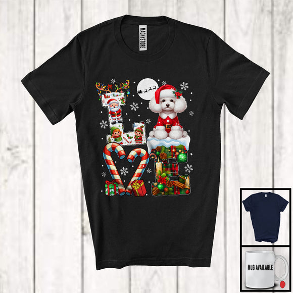 MacnyStore - LOVE, Joyful Christmas Reindeer Santa Poodle Candy Cane, Plaid Snowing Animal Lover T-Shirt