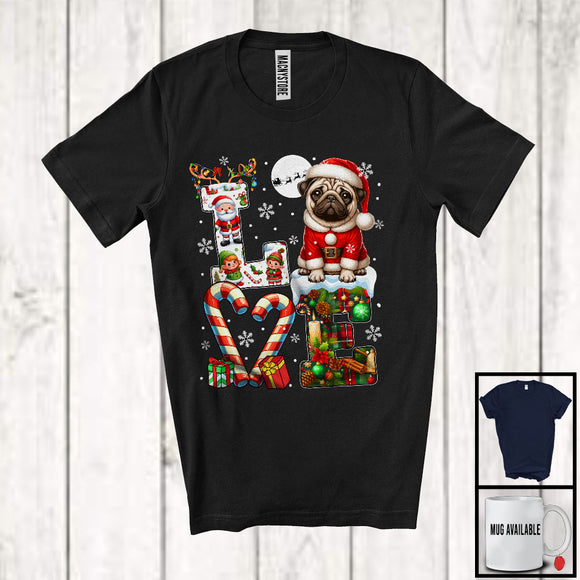 MacnyStore - LOVE, Joyful Christmas Reindeer Santa Pug Candy Cane, Plaid Snowing Animal Lover T-Shirt