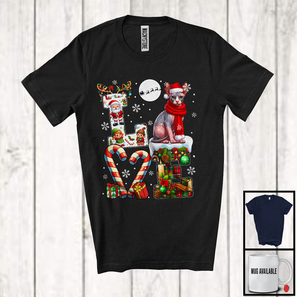 MacnyStore - LOVE, Joyful Christmas Reindeer Santa Sphynx Candy Cane, Plaid Snowing Animal Lover T-Shirt