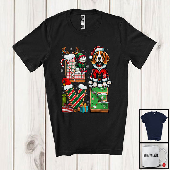 MacnyStore - LOVE, Joyful Christmas Santa Beagle Owner Lover, X-mas Candy Cane Snowing Around T-Shirt