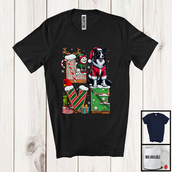MacnyStore - LOVE, Joyful Christmas Santa Border Collie Owner Lover, X-mas Candy Cane Snowing Around T-Shirt