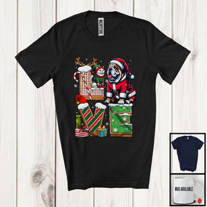 MacnyStore - LOVE, Joyful Christmas Santa Bulldog Owner Lover, X-mas Candy Cane Snowing Around T-Shirt