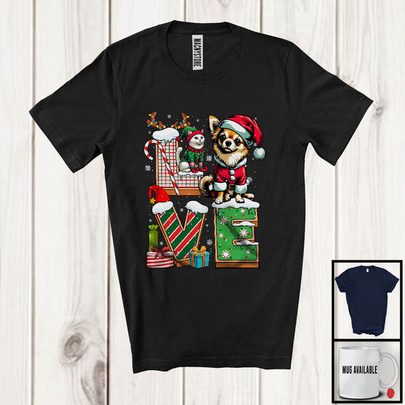 MacnyStore - LOVE, Joyful Christmas Santa Chihuahua Owner Lover, X-mas Candy Cane Snowing Around T-Shirt