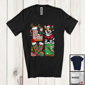 MacnyStore - LOVE, Joyful Christmas Santa Corgi Owner Lover, X-mas Candy Cane Snowing Around T-Shirt