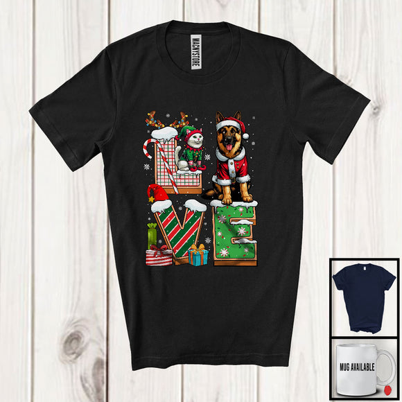 MacnyStore - LOVE, Joyful Christmas Santa German Shepherd Owner Lover, Candy Cane Snowing Around T-Shirt