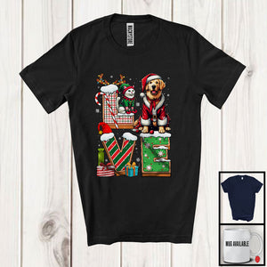 MacnyStore - LOVE, Joyful Christmas Santa Golden Retriever Owner Lover, Candy Cane Snowing Around T-Shirt