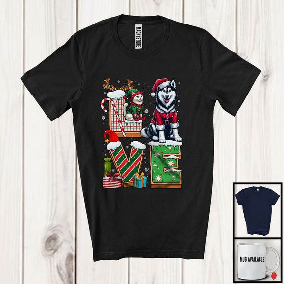 MacnyStore - LOVE, Joyful Christmas Santa Husky Owner Lover, X-mas Candy Cane Snowing Around T-Shirt