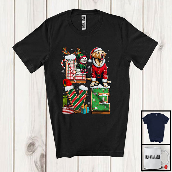 MacnyStore - LOVE, Joyful Christmas Santa Labrador Retriever Owner Lover, Candy Cane Snowing Around T-Shirt