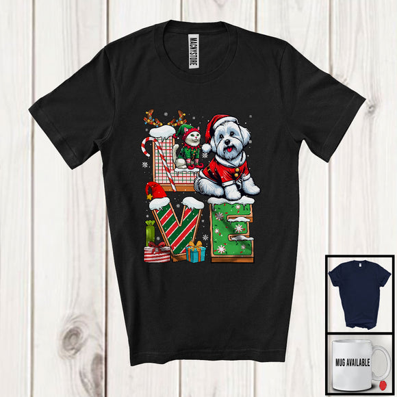 MacnyStore - LOVE, Joyful Christmas Santa Maltese Owner Lover, X-mas Candy Cane Snowing Around T-Shirt