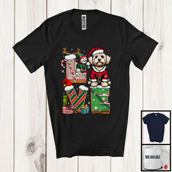 MacnyStore - LOVE, Joyful Christmas Santa Maltipoo Owner Lover, X-mas Candy Cane Snowing Around T-Shirt