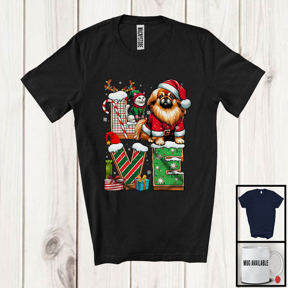 MacnyStore - LOVE, Joyful Christmas Santa Pekingese Owner Lover, X-mas Candy Cane Snowing Around T-Shirt
