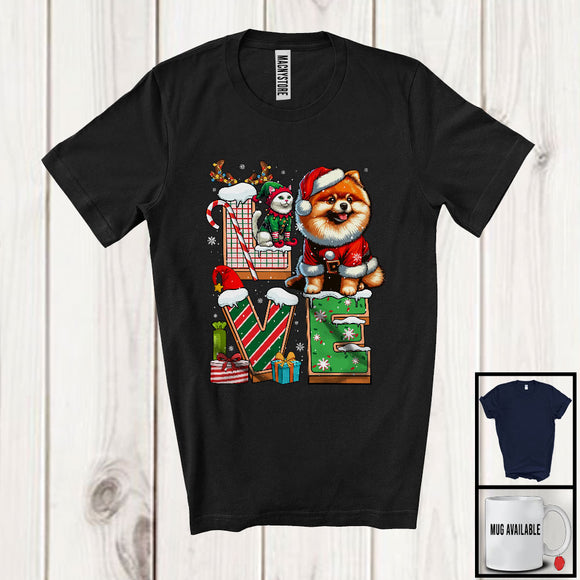 MacnyStore - LOVE, Joyful Christmas Santa Pomeranian Owner Lover, X-mas Candy Cane Snowing Around T-Shirt
