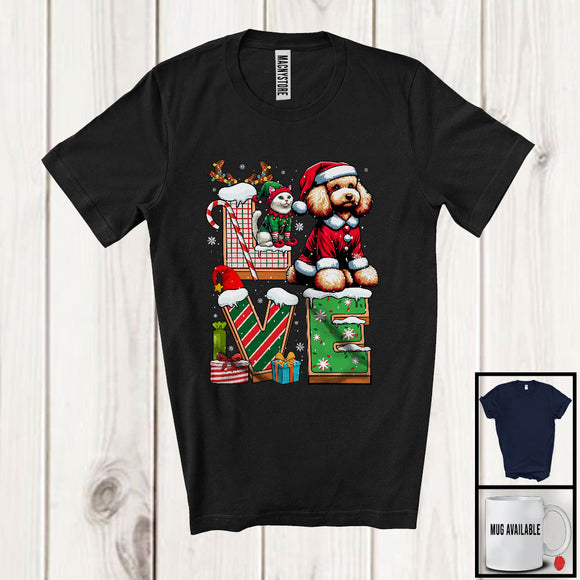 MacnyStore - LOVE, Joyful Christmas Santa Poodle Owner Lover, X-mas Candy Cane Snowing Around T-Shirt