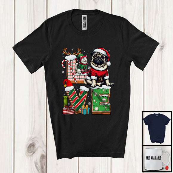 MacnyStore - LOVE, Joyful Christmas Santa Pug Owner Lover, X-mas Candy Cane Snowing Around T-Shirt