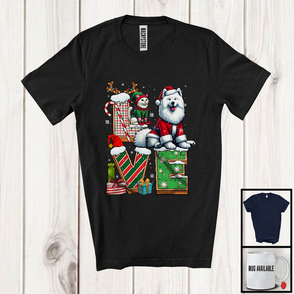 MacnyStore - LOVE, Joyful Christmas Santa Samoyed Owner Lover, X-mas Candy Cane Snowing Around T-Shirt