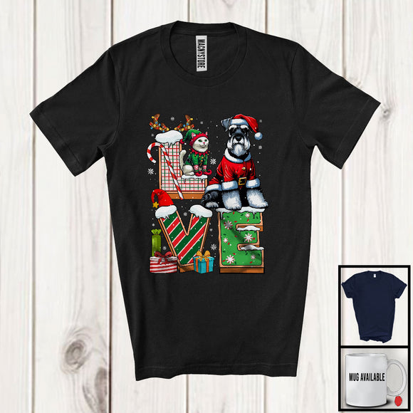 MacnyStore - LOVE, Joyful Christmas Santa Schnauzer Owner Lover, X-mas Candy Cane Snowing Around T-Shirt