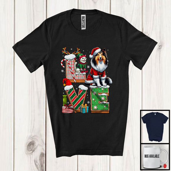 MacnyStore - LOVE, Joyful Christmas Santa Shetland Sheepdog Owner Lover, Candy Cane Snowing Around T-Shirt