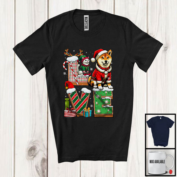 MacnyStore - LOVE, Joyful Christmas Santa Shiba Inu Owner Lover, X-mas Candy Cane Snowing Around T-Shirt